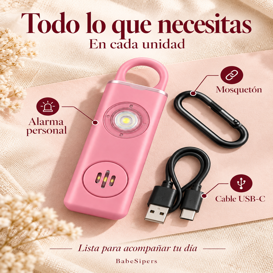 Contenido de cada unidad: una alarma, un mosquetón y un cable USB-C.