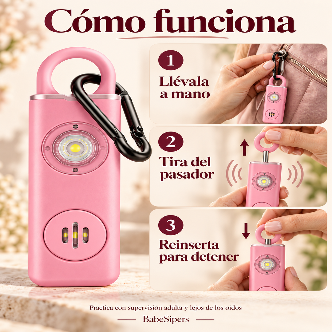 Tres pasos: llevar a mano, tirar del pasador para emitir la alarma y reinsertarlo para detenerla.