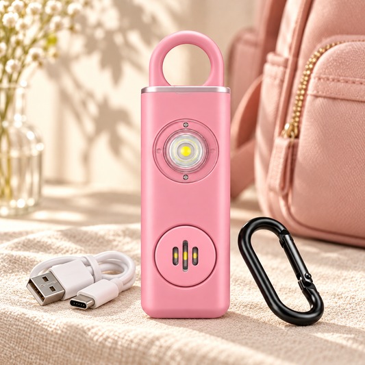 Alarma personal rosa con mosquetón y cable de carga sobre una mesa, junto a una mochila.