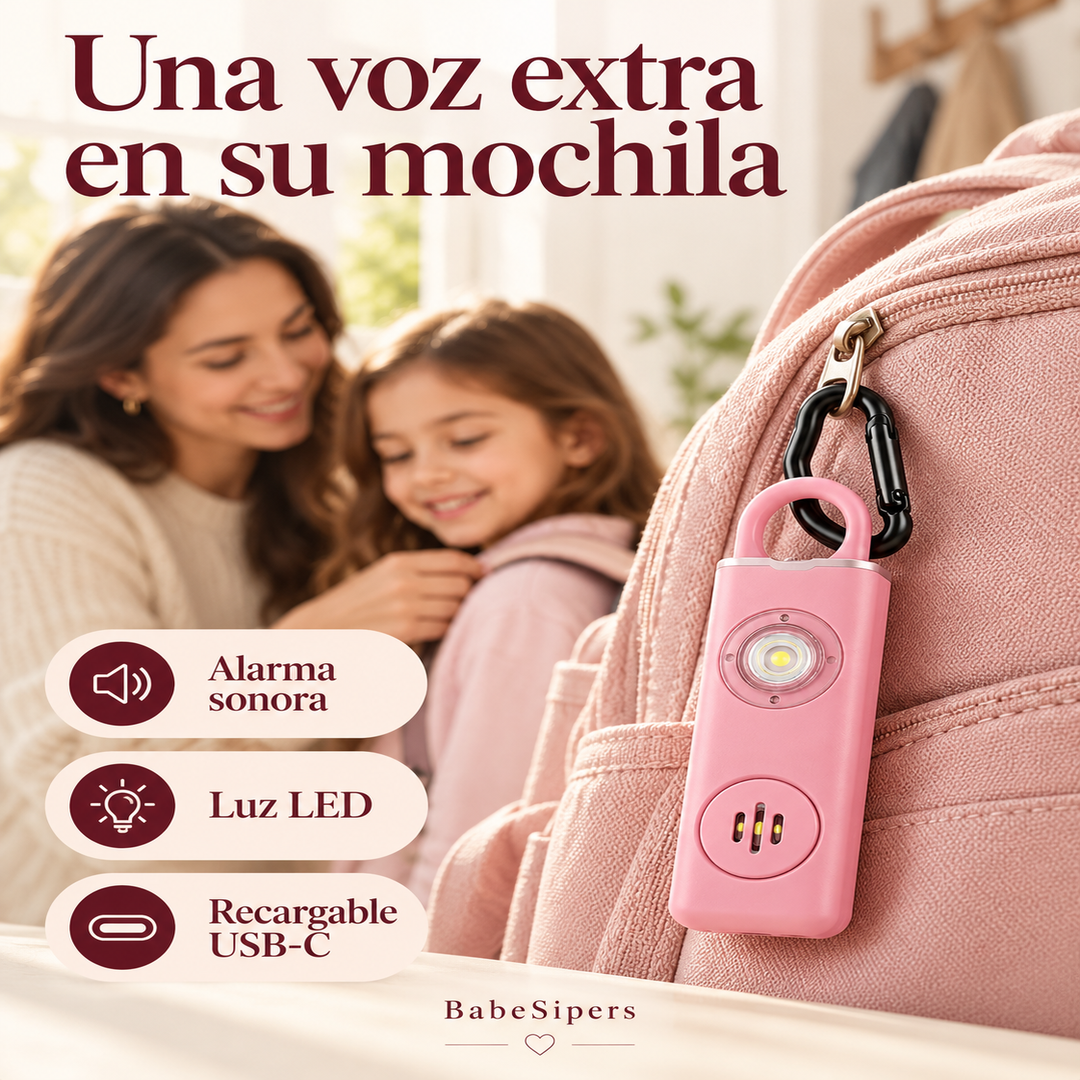 Alarma personal sujeta a una mochila: sonido, luz LED y carga USB-C.